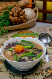 High angle view of food in bowl on table