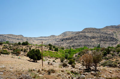 Scenic view of landscape and mountains against clear blue sky