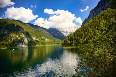 Scenic view of lake and mountains against sky