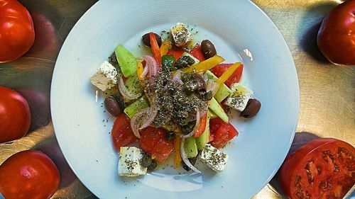 High angle view of food in plate on table