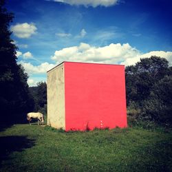 Trees on grassy field against cloudy sky