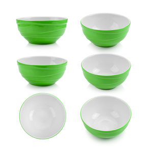 Directly above shot of ceramic kitchen bowls against white background