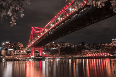 Illuminated bridge over river at night