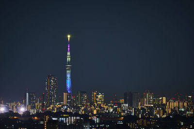 Illuminated buildings in city at night