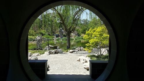 Trees by lake seen through archway