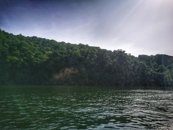 Scenic view of lake by trees against sky