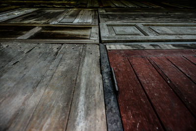 High angle view of wooden bench