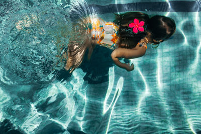 High angle view of girl swimming in pool