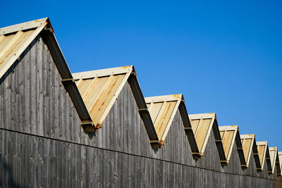 Low angle view of building against clear blue sky