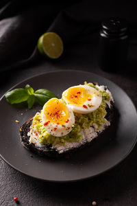 Breakfast with avocado toast with eggs on a plate