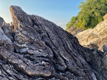 Close-up of rock formation on land against sky