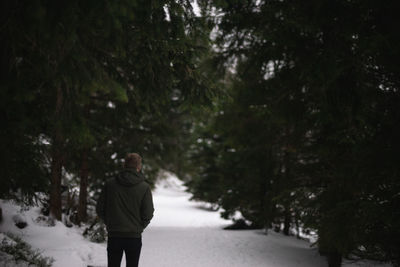 Rear view of person walking on snow covered road