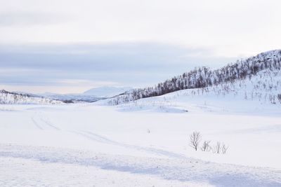 Scenic view of snow covered landscape against sky