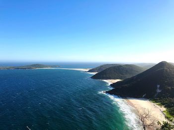 Scenic view of sea against clear blue sky