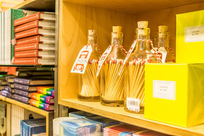 Close-up of various objects on shelves