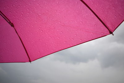 Low angle view of wet pink umbrella against sky
