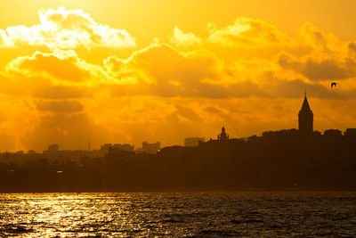 Silhouette of buildings against cloudy sky during sunset