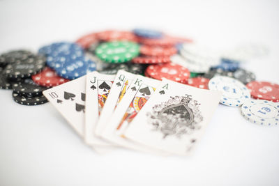 Close-up of objects on table against white background