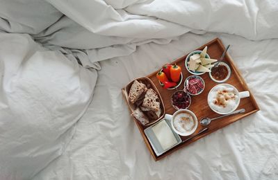 High angle view of breakfast on table