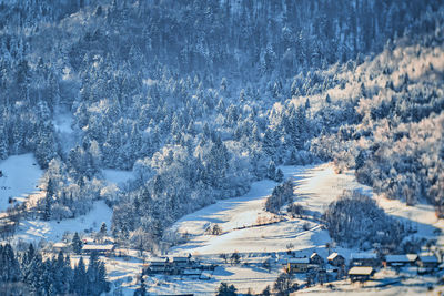 Aerial view of snow covered landscape