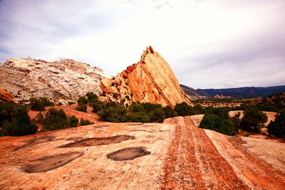 Bushes on rocky mountains at dinosaur national monument against cloudy sky