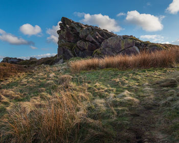 Scenic view of rocks on field against sky