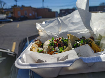 Close-up of food served on table