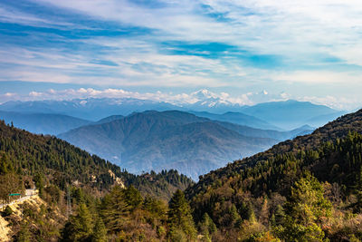 Multilayer mountain range of himalaya with valley view and amazing sky at day from flat angle 