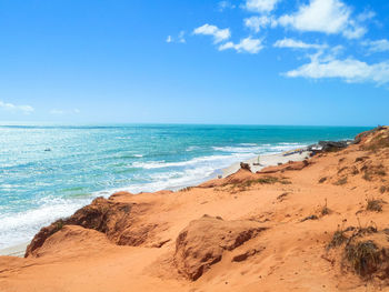 Scenic view of beach against blue sky