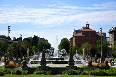 Fountain in park with buildings in background