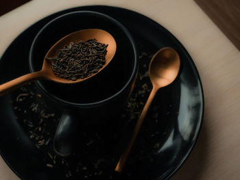 High angle view of coffee cup on table