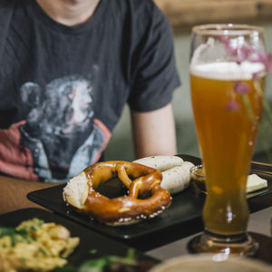 Close-up of beer glass on table