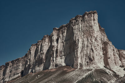Low angle view of rock formation against clear blue sky