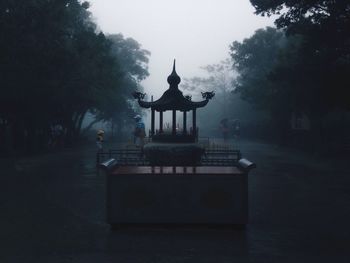 Man standing at silhouette gazebo amidst trees during foggy weather