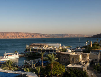 High angle view of city at sunset