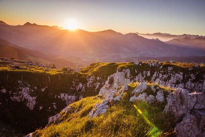 Scenic view of mountains during sunset