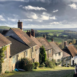 Houses by building against sky in city