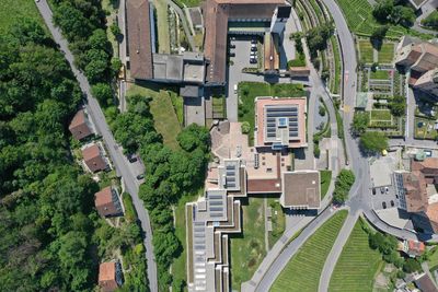 High angle view of buildings in city