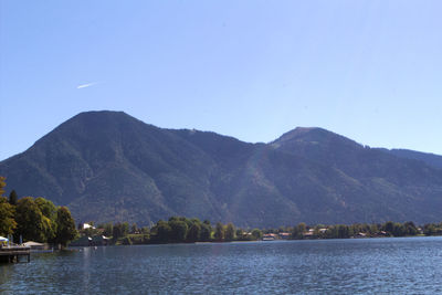 Scenic view of lake and mountains against clear sky