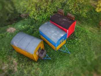 High angle view of toy on field in park