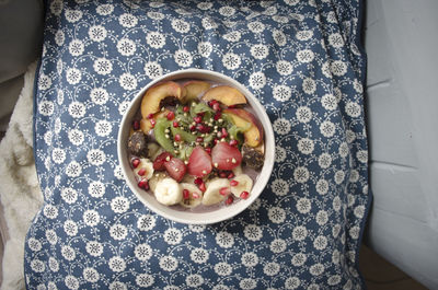 High angle view of salad in bowl on table