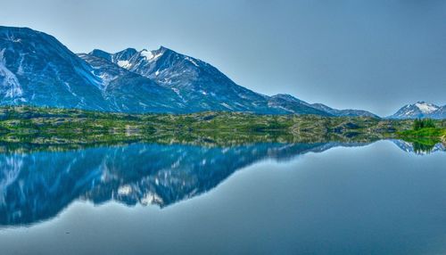 Scenic view of lake and mountains against sky