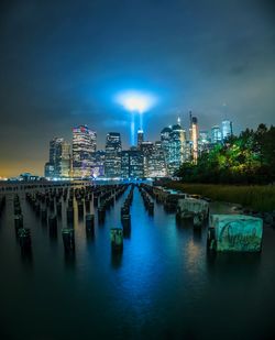 Illuminated modern buildings by river against sky at night