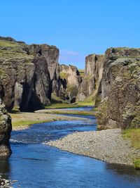 Scenic view of rocks against clear blue sky