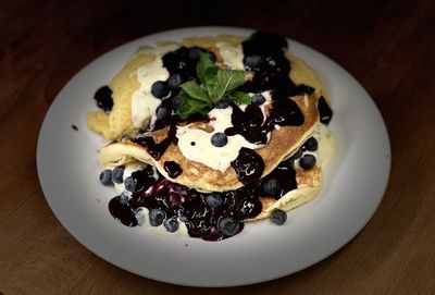 High angle view of breakfast in plate on table