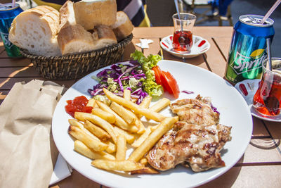 Close-up of food served on table