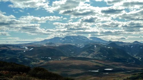 Scenic view of snowcapped mountains against sky