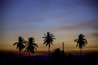 Silhouette palm trees on beach against sky at sunset