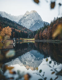 Scenic view of lake by snowcapped mountains against sky