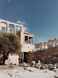 Low angle view of old building against blue sky